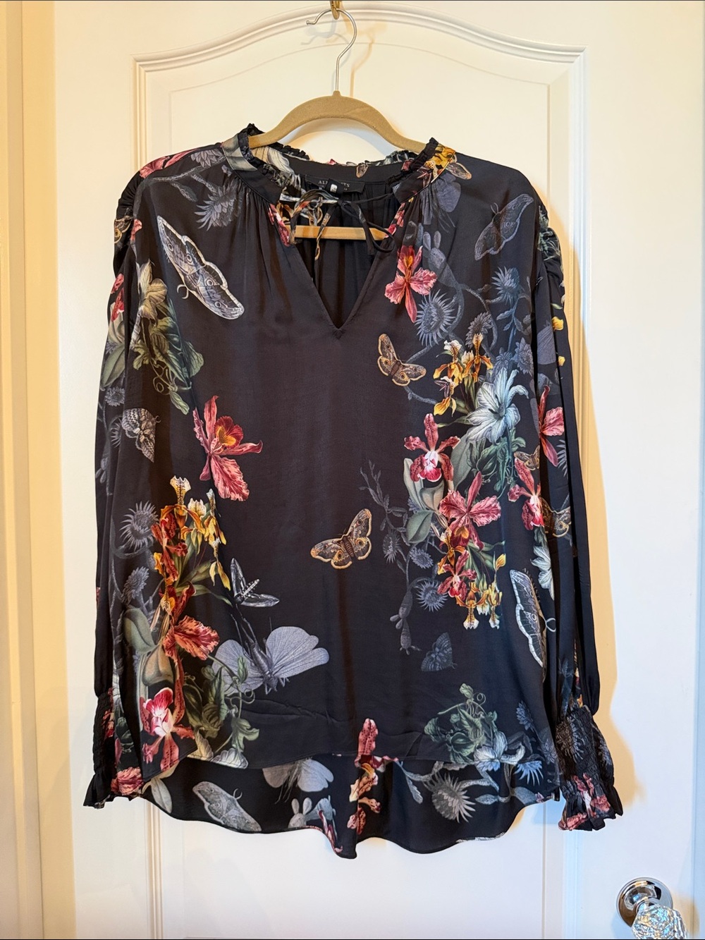 All Saints Floral Butterfly Long-Sleeve Blouse - Black with Multicolor Print